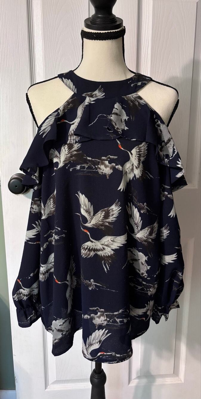 Wonderland By Orange Bird Blouse Women's Small Navy Blue Cranes Cut Out Shoulder